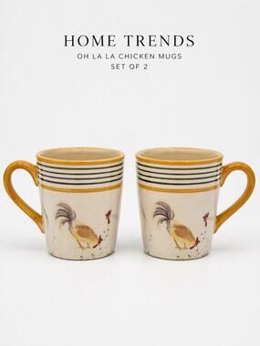 Home Trends Oh La La Chicken Rooster Coffee Mugs Set of 2 Farmhouse
